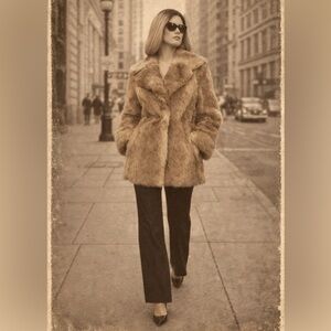 Vintage ELAM French Rabbit Fur Coat Caramel Brown Shawl Collar Glam 70s 80s